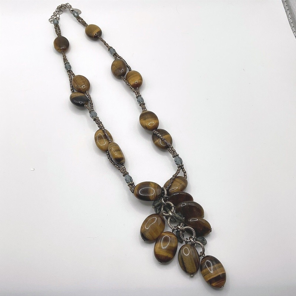 Tiger Eye Necklace Y-Drop Signed by Grace Artisan Adjustable 16 - 18 Inch